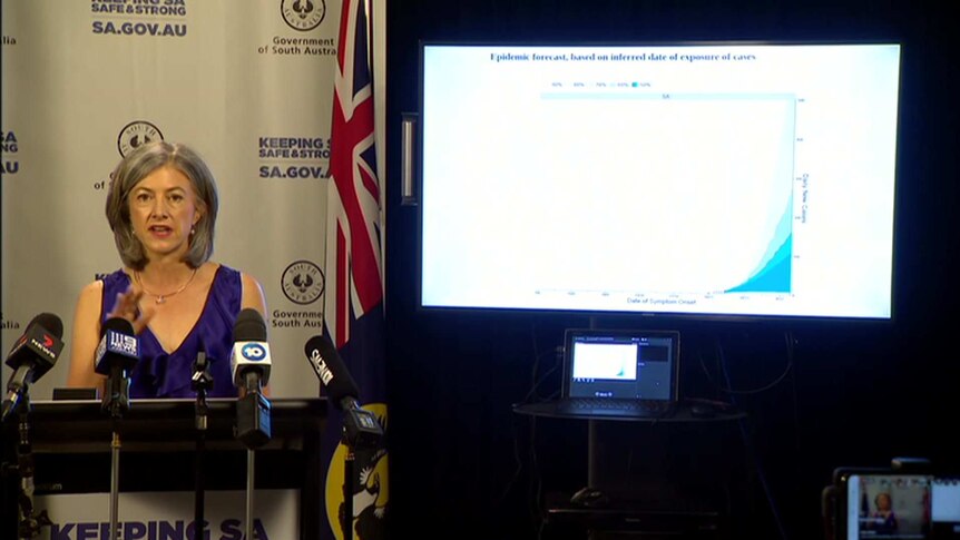 A woman stands in front of a lecturn. To her left is a screen with a coronavirus model graph.