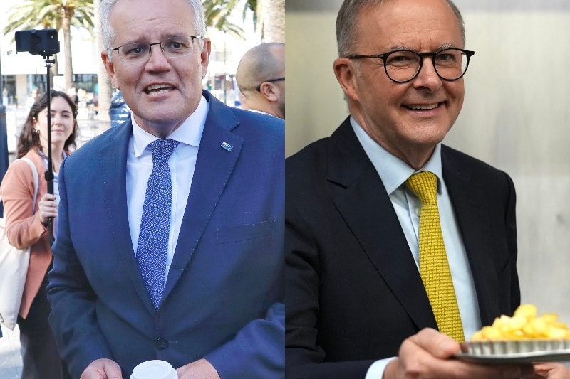 A composite of Scott Morrison holding a cup and Anthony Albanese holding a tart