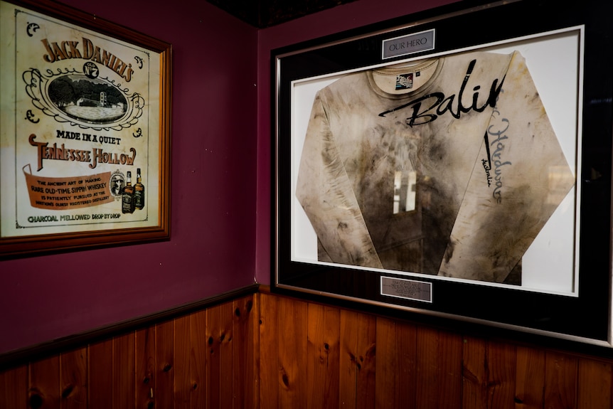 Framed ash shirt from Black Saturday fries hangs on the wall of the Flowerdale Hotel 