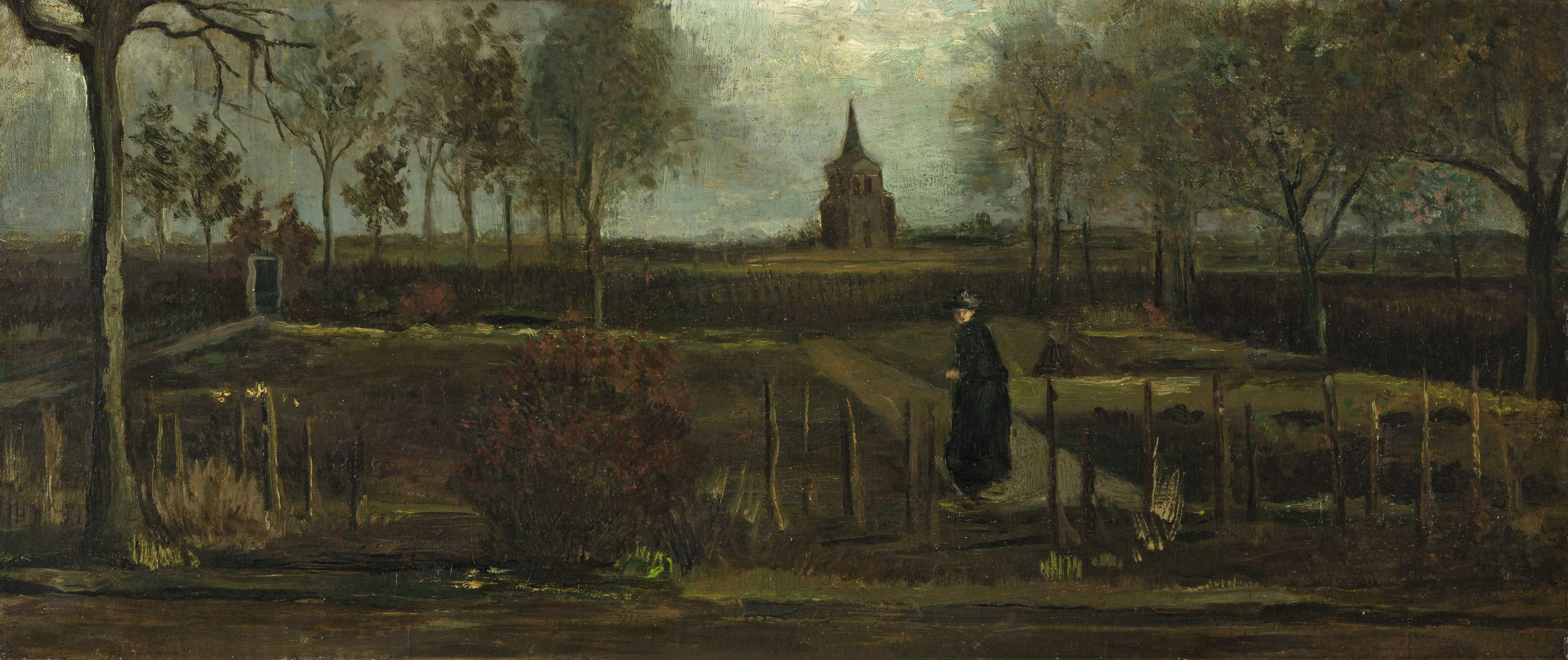 An oil painting shows a woman walking along a path in a garden in front of a building.