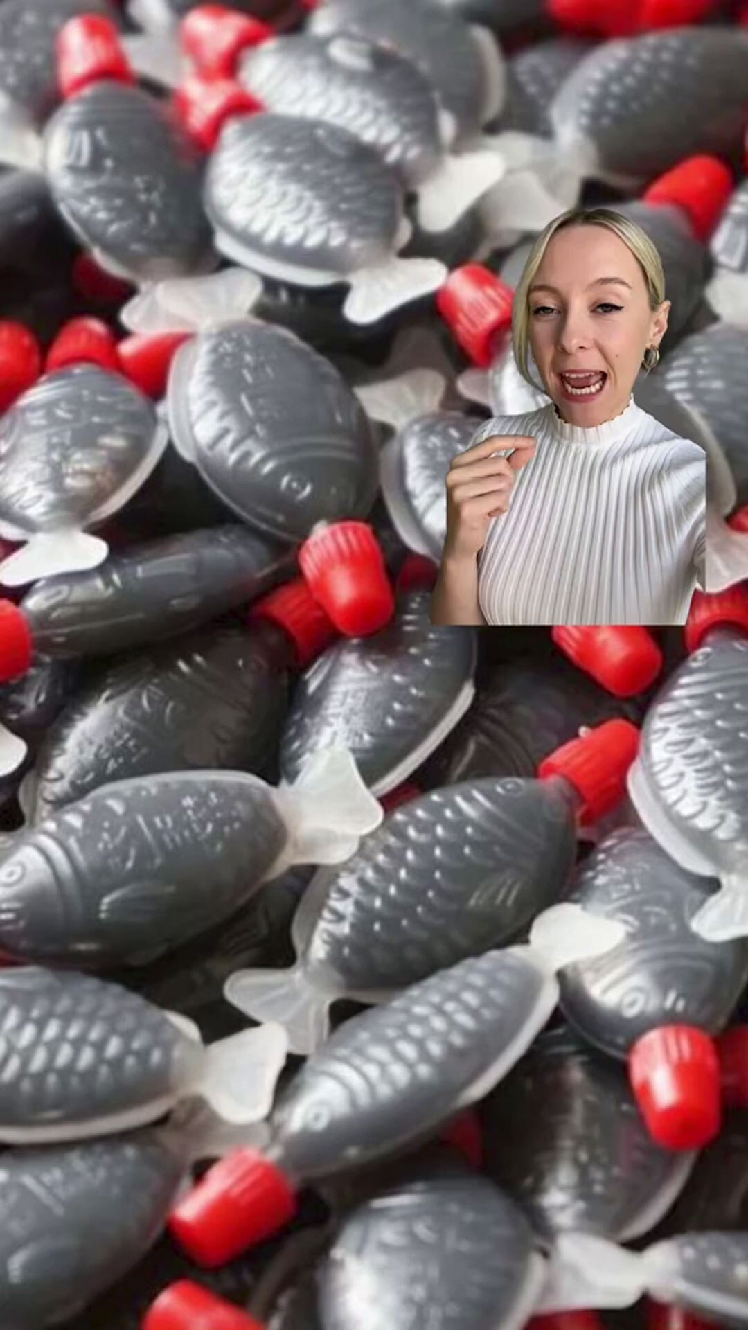 Lia Walsh is superimposed in front of a macro shot showing a number of soy sauce fish with red tops