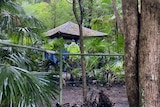 Distant photo of a man in fluro yellow rain jack with 'police' written on it. In amongst scrub and under a gazebo