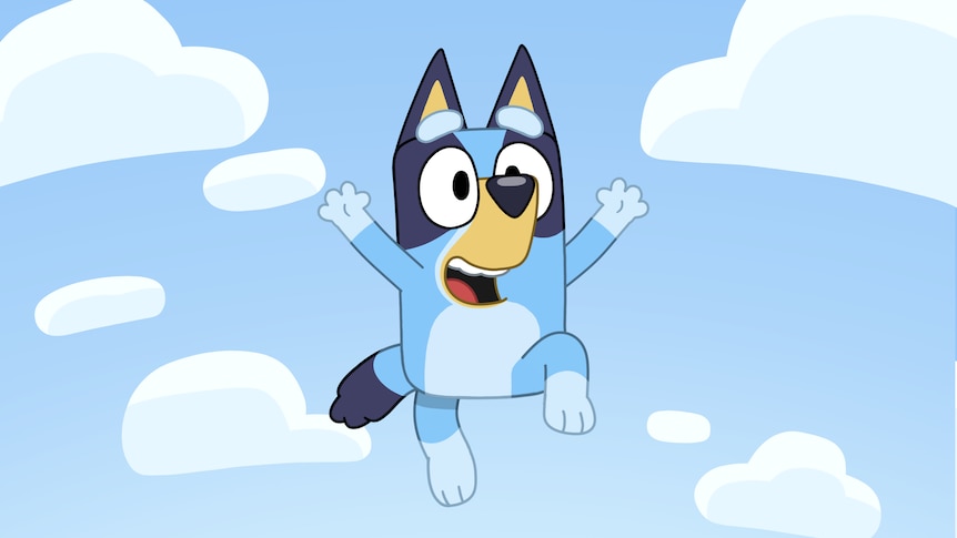 Bluey jumps in the air happily