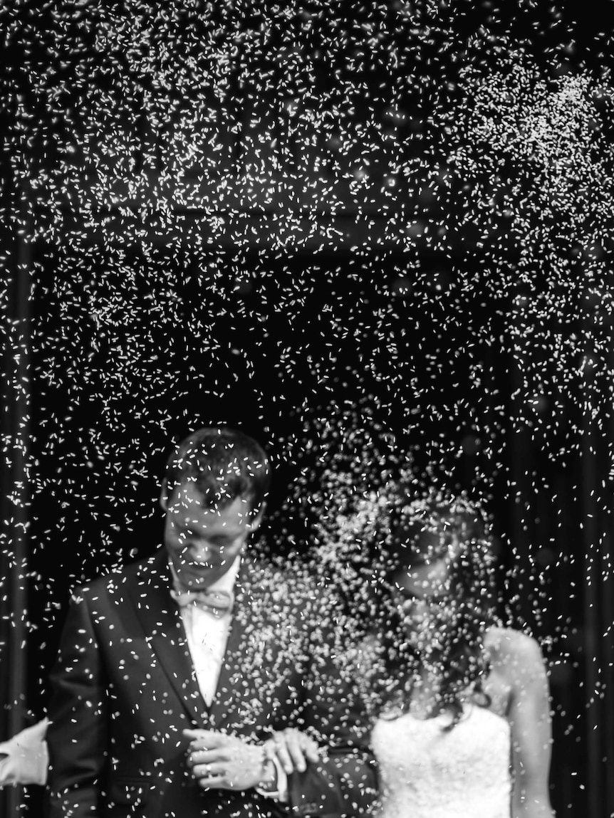 A man and woman smile as white rice is thrown at them as they walk from their wedding.