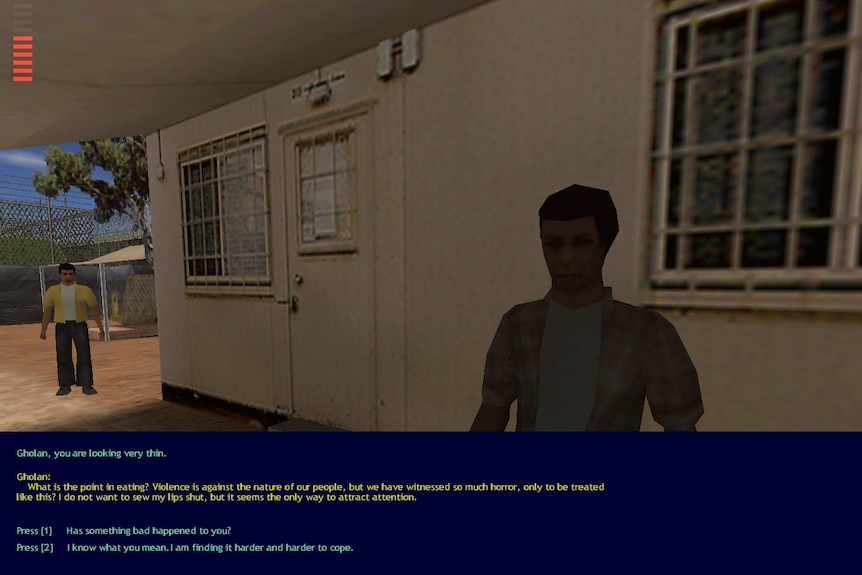 Colour screenshot inside Woomera Detention Centre from unfinished 2004 video game Escape From Woomera.