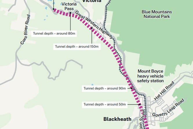 Mapa del túnel de Great Western Highway 