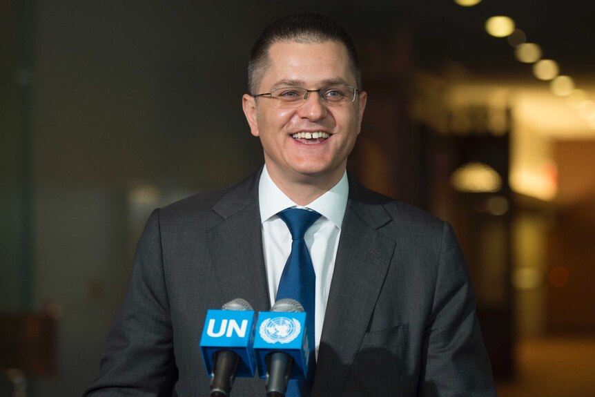 Vuk Jeremic peaks with reporters after being interviewed as a candidates for the position of UN Secretary-General