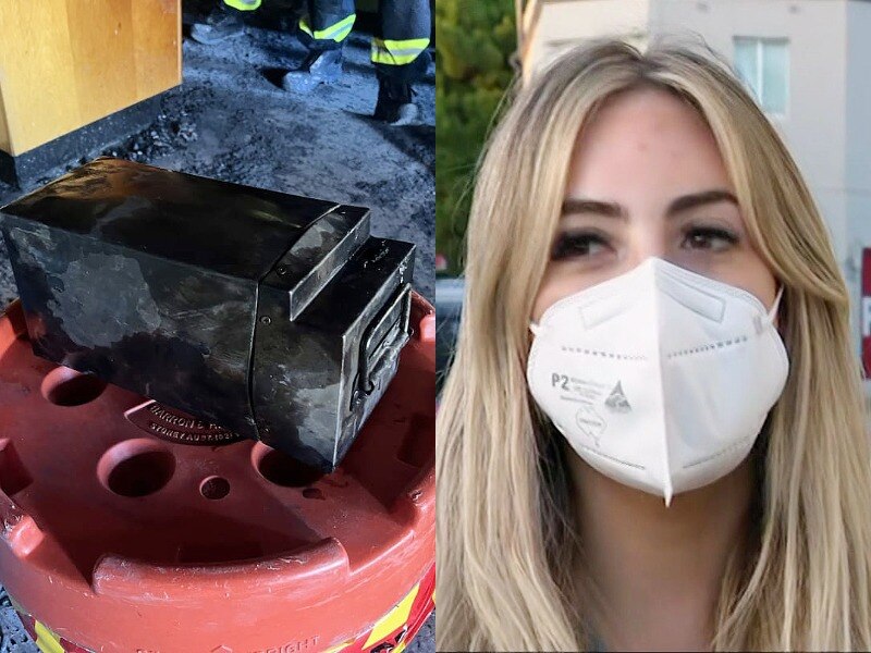 Burnt lithium-ion battery and Maria Ferro who esaped the fire at a north bondi unit