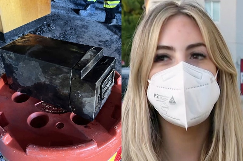 Burnt lithium-ion battery and Maria Ferro who esaped the fire at a north bondi unit