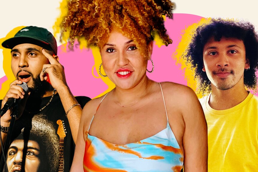 Three black people are seen taken from different photos, cut out and set against a pink and yellow background.