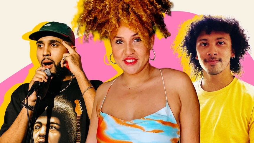 Three black people are seen taken from different photos, cut out and set against a pink and yellow background.