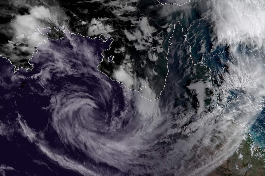 A satellite image of storm clouds.