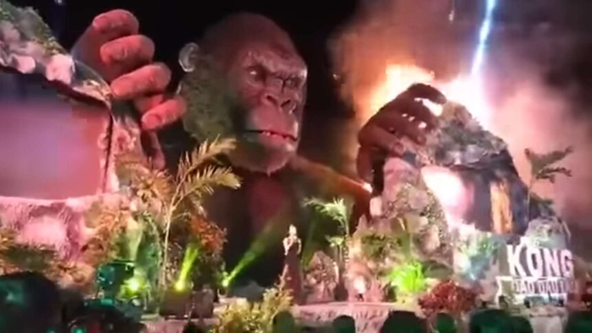 Giant King Kong statue catching fire during Vietnam premiere.