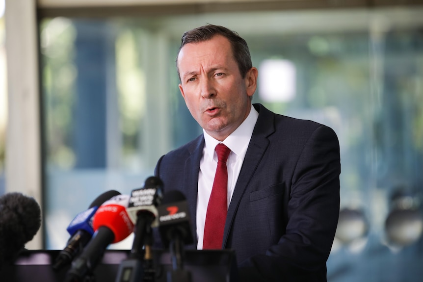 A mid-shot of WA Premier Mark McGowan talking at a media conference.