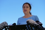 Queensland Premier Annastacia Palaszczuk stands in front of a blue sky