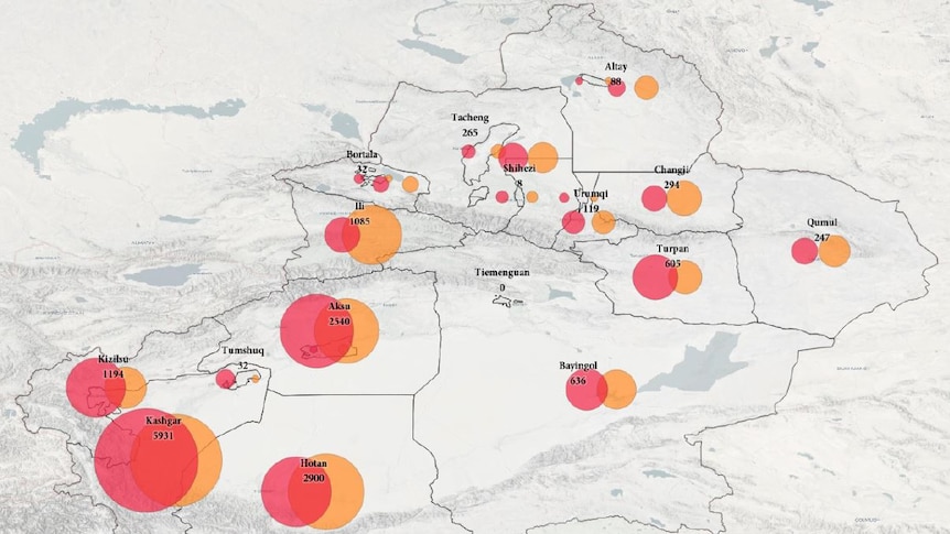 A map uses red and yellow circles to indicate the location and volume of mosques that have been destroyed or damaged.