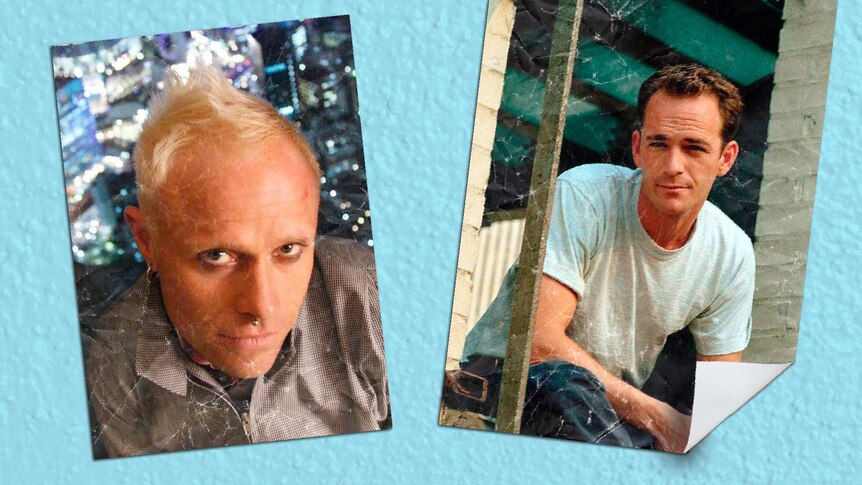 Headshots of Keith Flint and Luke Perry as posters on a blue wall