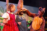 A girl with a red and white dress, a boy dressed as  scarecrow and another boy in a lion costume on stage