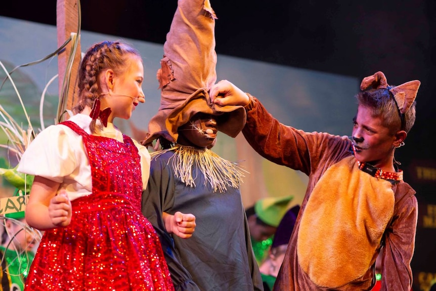 A girl with a red and white dress, a boy dressed as  scarecrow and another boy in a lion costume on stage