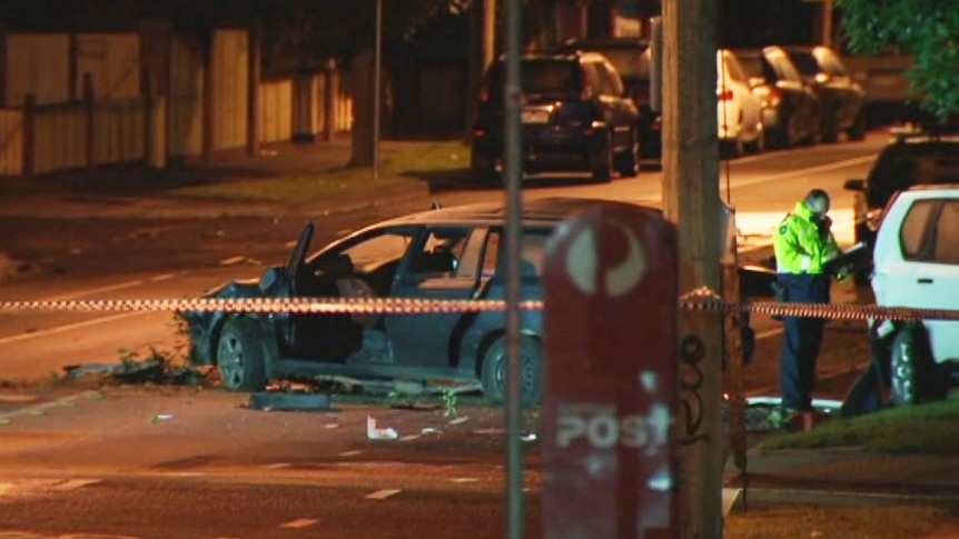 A crashed car on Victoria Street, Northcote, after a police pursuit.