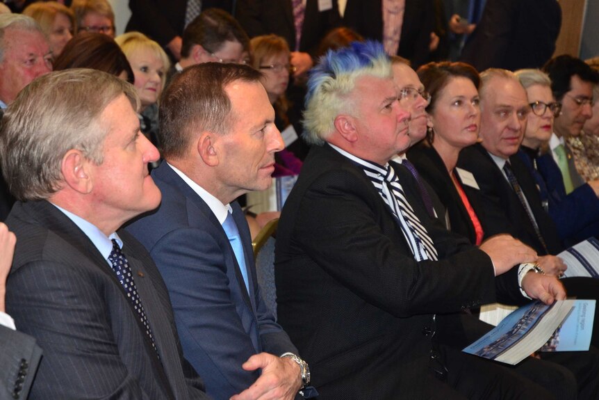 Science Minister Ian Macfarlane, PM Tony Abbott and Geelong Mayor Darryn Lyons in Geelong.