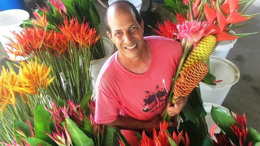 Flower farmer Rob Piccolo surrounded by an array of pink, orange, yellow and red tropical flowers