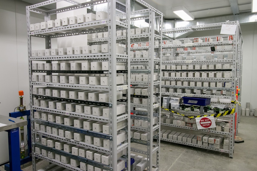 Concrete samples on shelves.