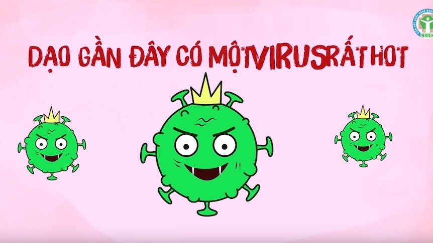A cartoon green virus particle with Vietnamese text on pink background that reads: 'Recently there's a very hot virus'