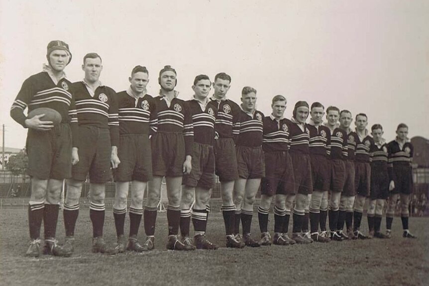 Players from West Harbour Rugby Club's 1937 side line up for a team photo.