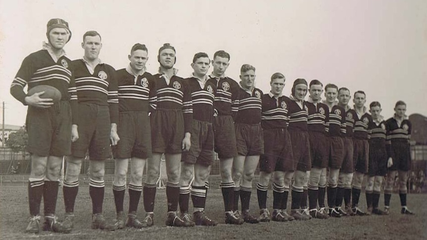 Players from West Harbour Rugby Club's 1937 side line up for a team photo.