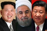 Composite of Hassan Rouhani, Kim Jong-un and Xi Jinping.