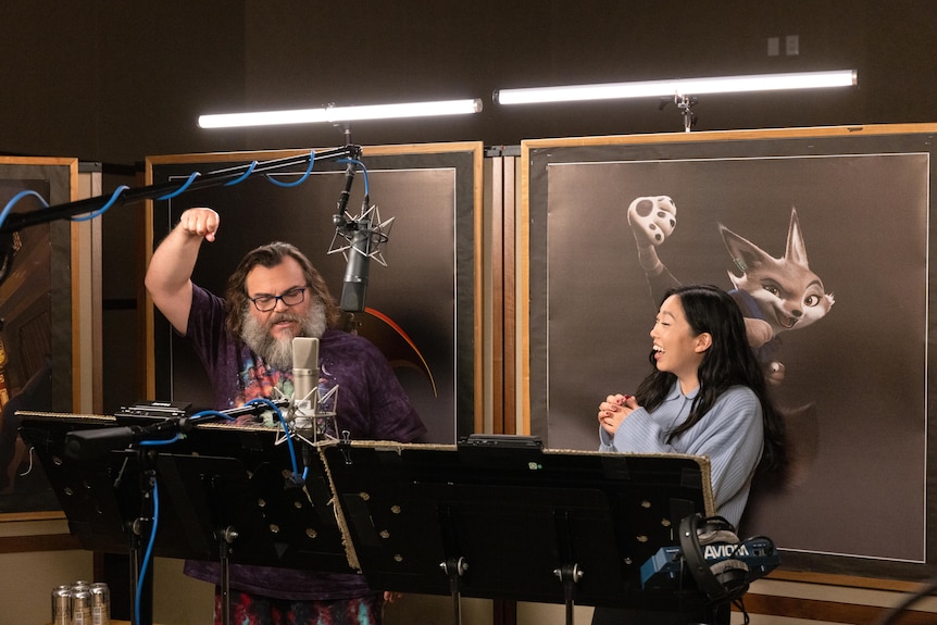 Jack Black and Awkwafina in voice booth for Kung Fu Panda 4