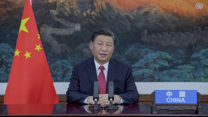 Chinese President Xi Jinping is seated beside a Chinese flag as he addresses the United Nations General Assembly