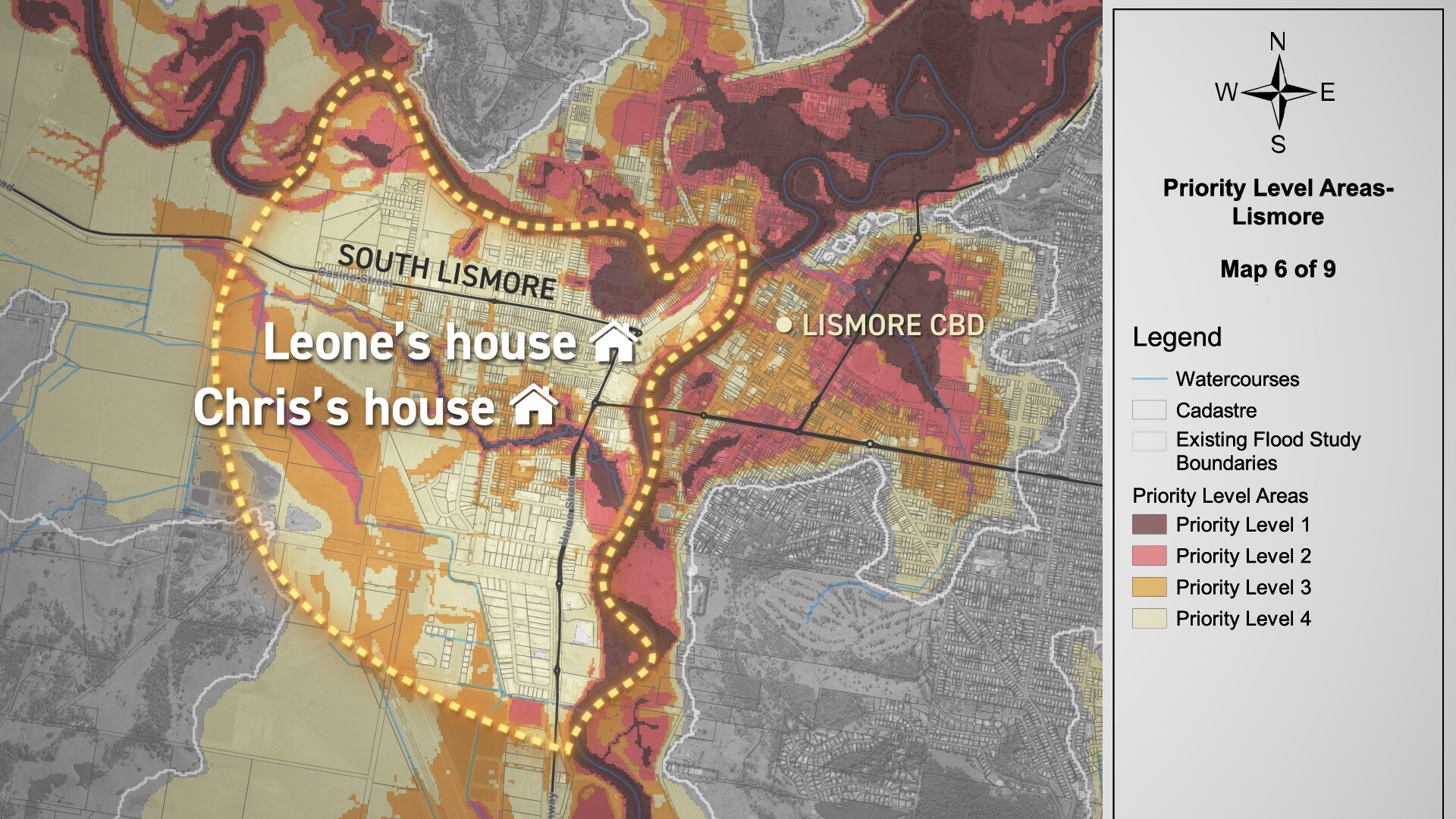 A map showing priority flood areas in Lismore.