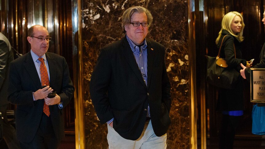 Stephen Bannon leaves Trump Tower in New York.
