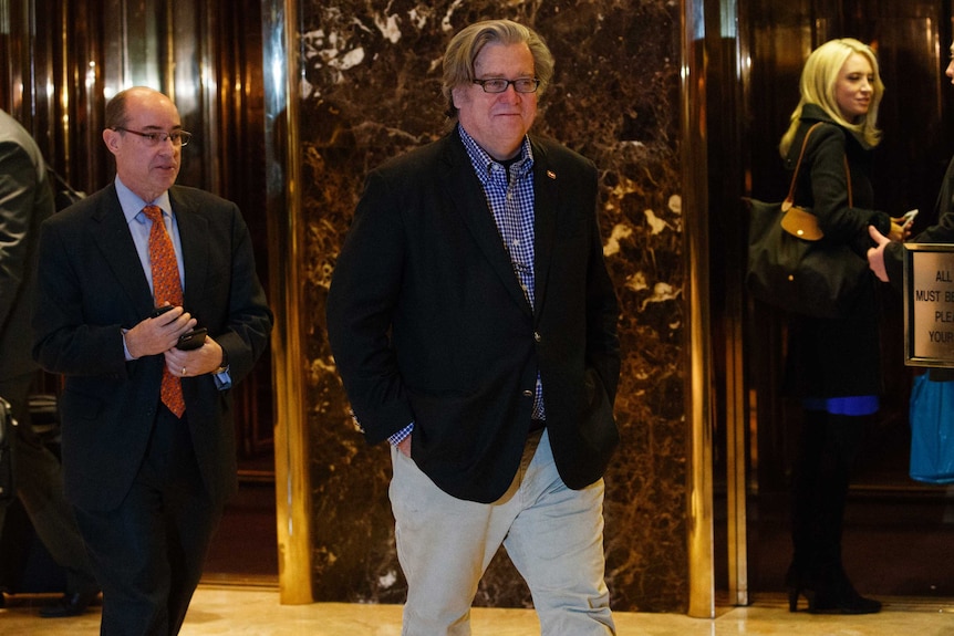 Stephen Bannon leaves Trump Tower in New York.