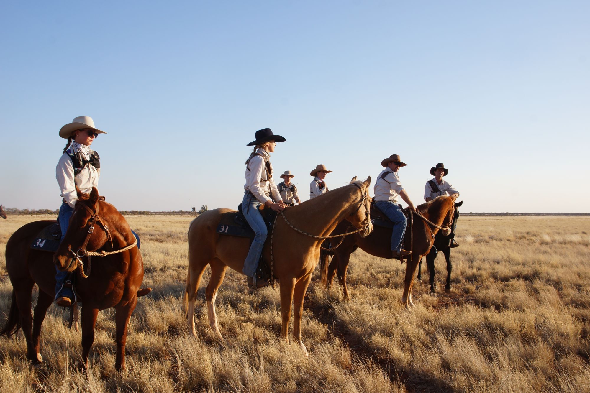 La gente se sienta en caballos que se encuentran en un campo.