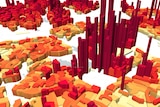 A stylised map with large coloured spikes depicting areas of higher population density.