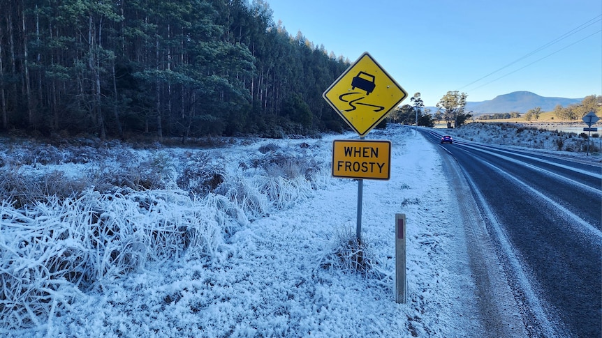 frost blankets the roadside in Needles, Tasmania