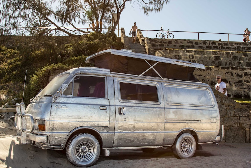 Homeless Carapace, a foil covered by van by Tim Burns with Gary Carter and Tatjana Seserko. Sculpture by the Sea March 4, 2016.