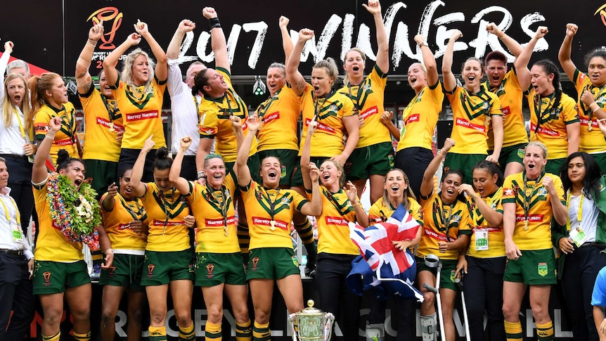Australia celebrates winning the Women's Rugby League World Cup
