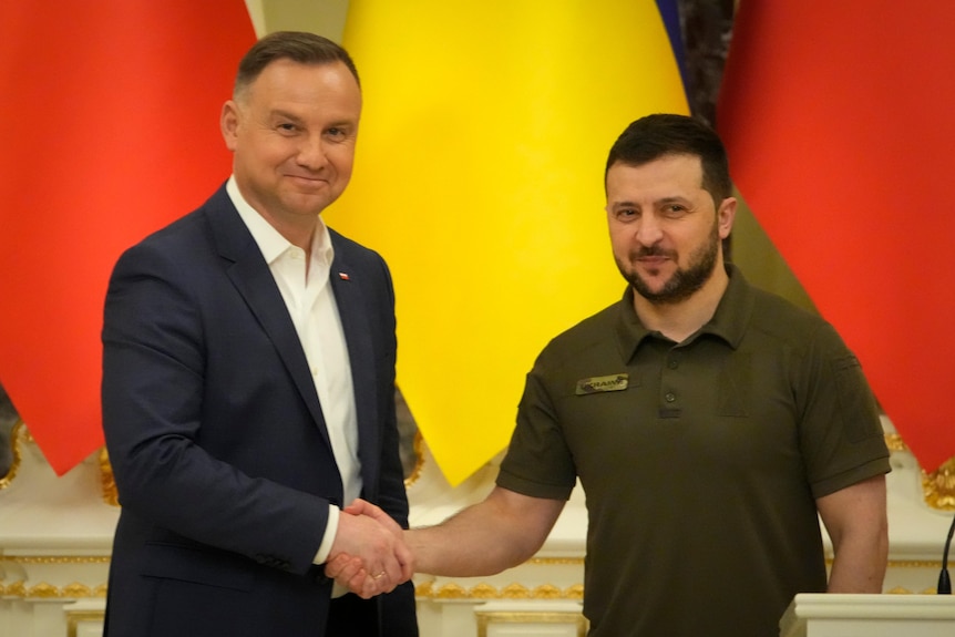 Zelensky și Andrei Duda își strâng mâna în timpul unei conferințe de presă.