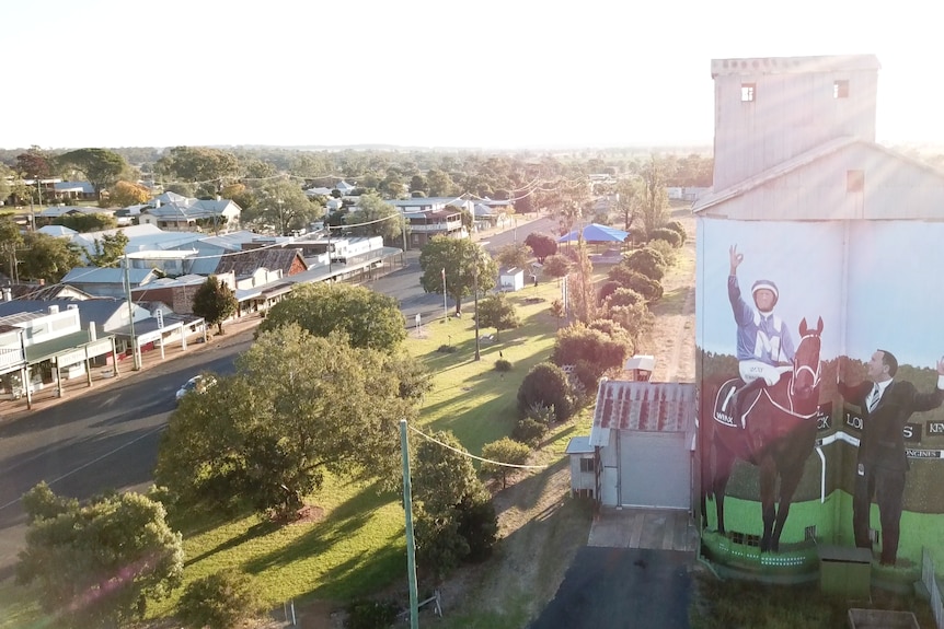 A drone/aerial shot of Dunedoo, we see a silo with a mural painted on it, next to a street lined with houses