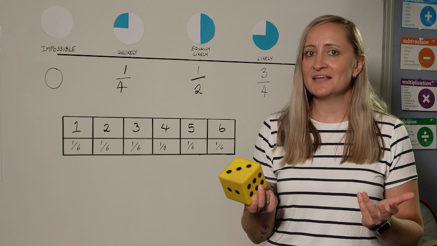 Female teacher holds dice in front of whiteboard, whiteboard shows pie charts and fractions