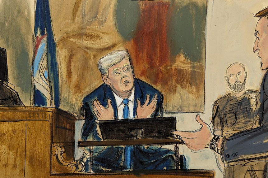 A court sketch shows Donald Trump answering questions and gesturing with his hands on the stand.