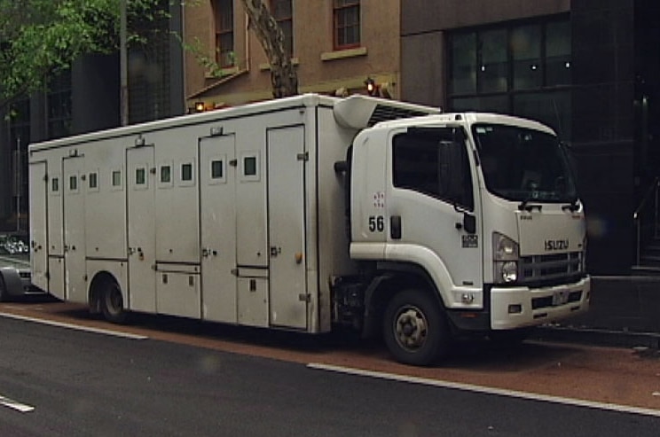 Prison van waiting outside the Melbourne Magistrates Court