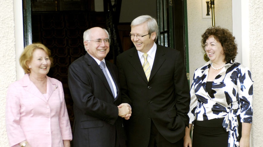 (L-R) Janette Howard, John Howard, Kevin Rudd and Therese Rein in front of the Lodge