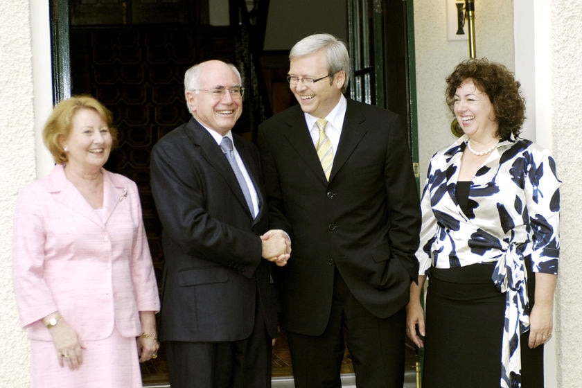 (L-R) Janette Howard, John Howard, Kevin Rudd and Therese Rein in front of the Lodge