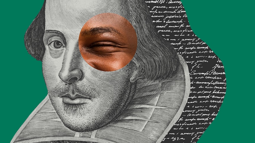 A composite image of William Shakespeare with a winking eye.
