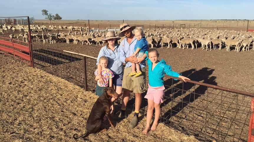 Family of five stands in front of sheep in a pen.